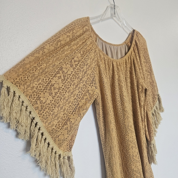 Vintage Boho Chic Crochet Kaftan Tunic Fringe Dress - Picture 2 of 6